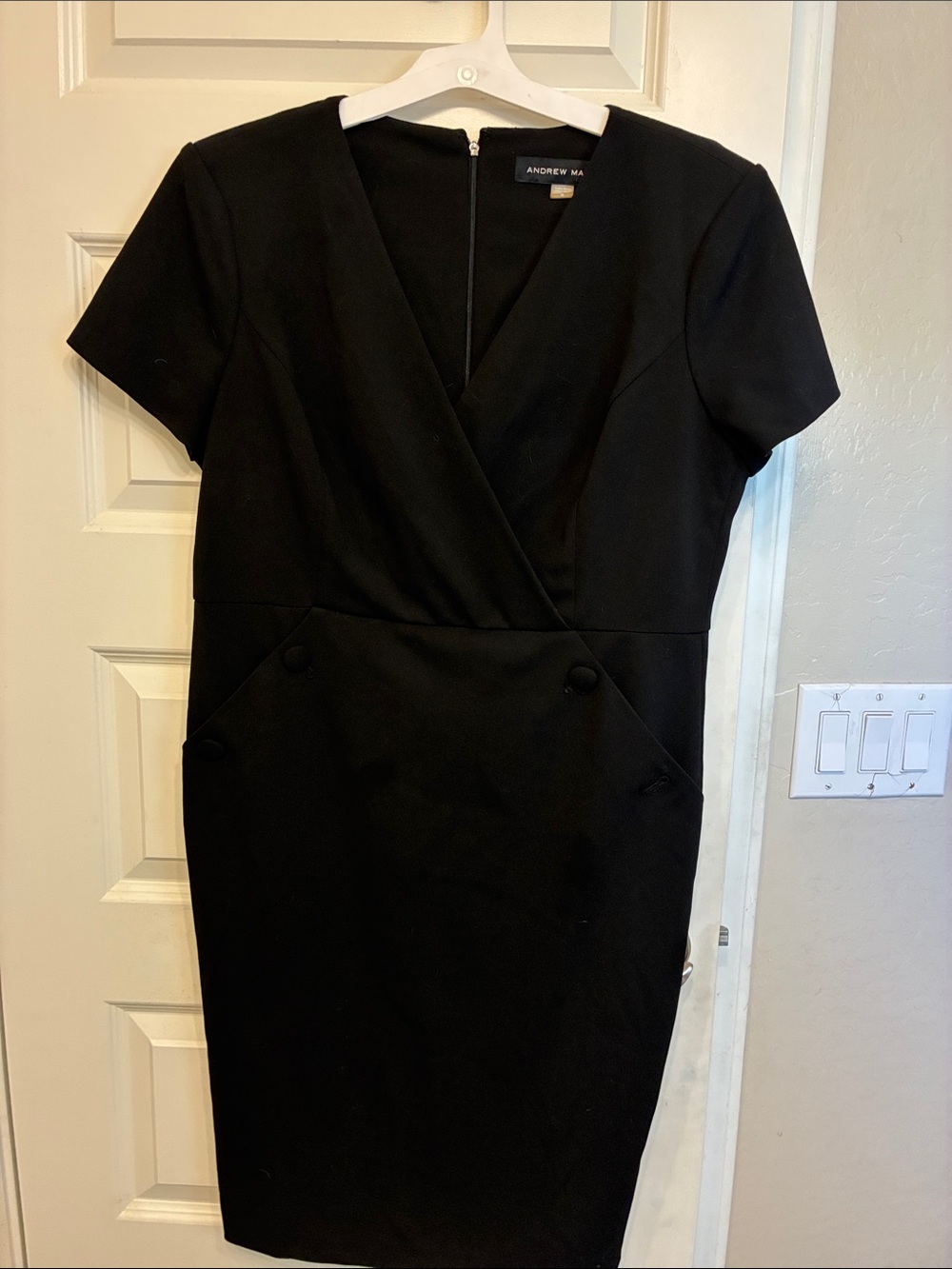 Andrew Marc Black Short-Sleeve Wrap-Front Midi Dress